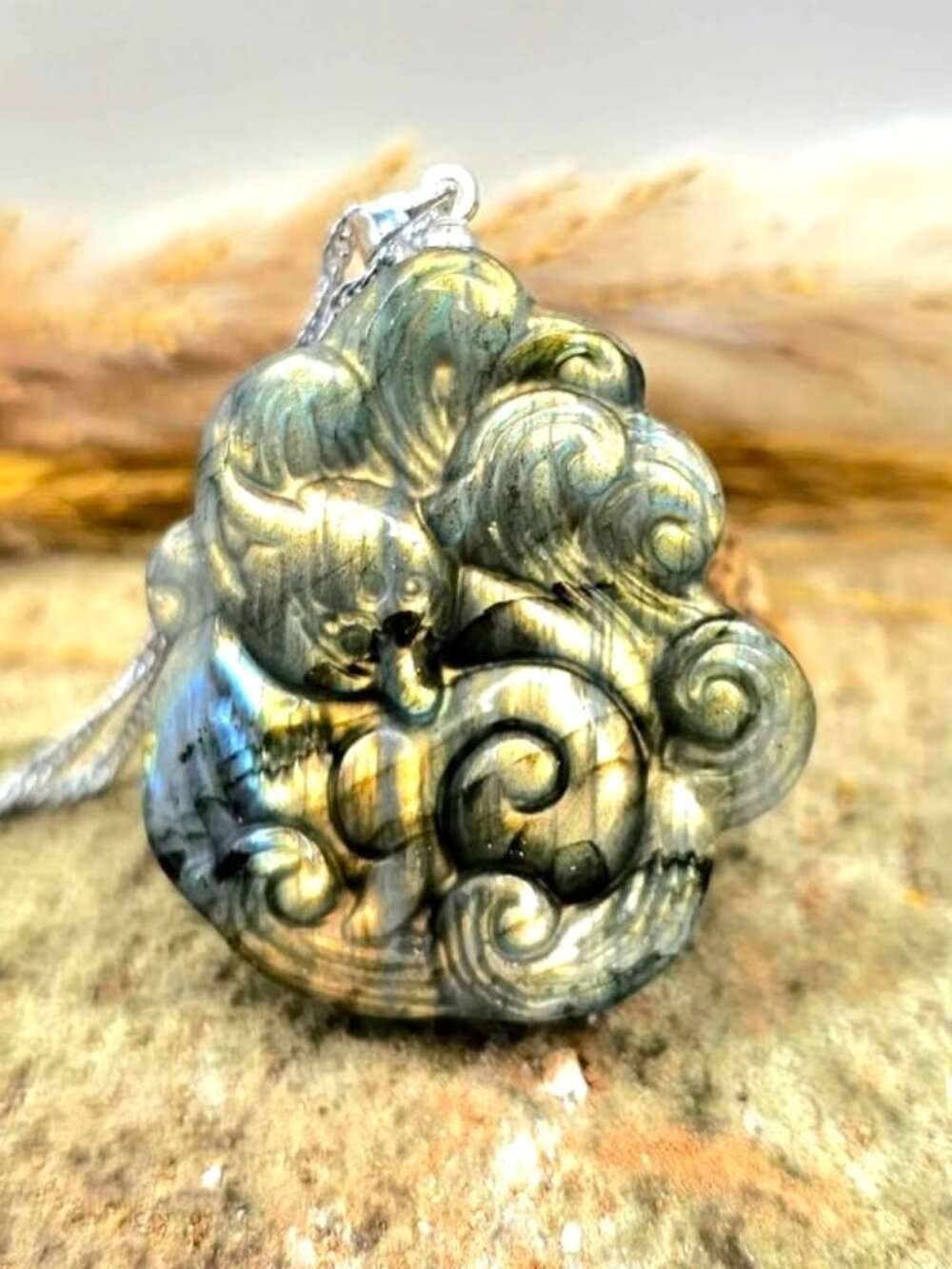 Nature Labradorite Craved Nine Tails fox Pendant Necklace